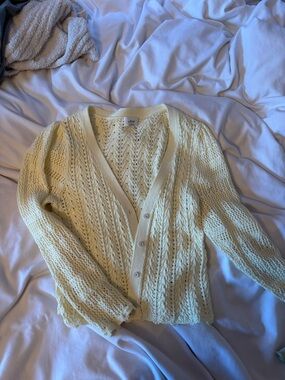 Aritzia Wilfred Soft Pale Yellow Open-Knit Button Cardigan